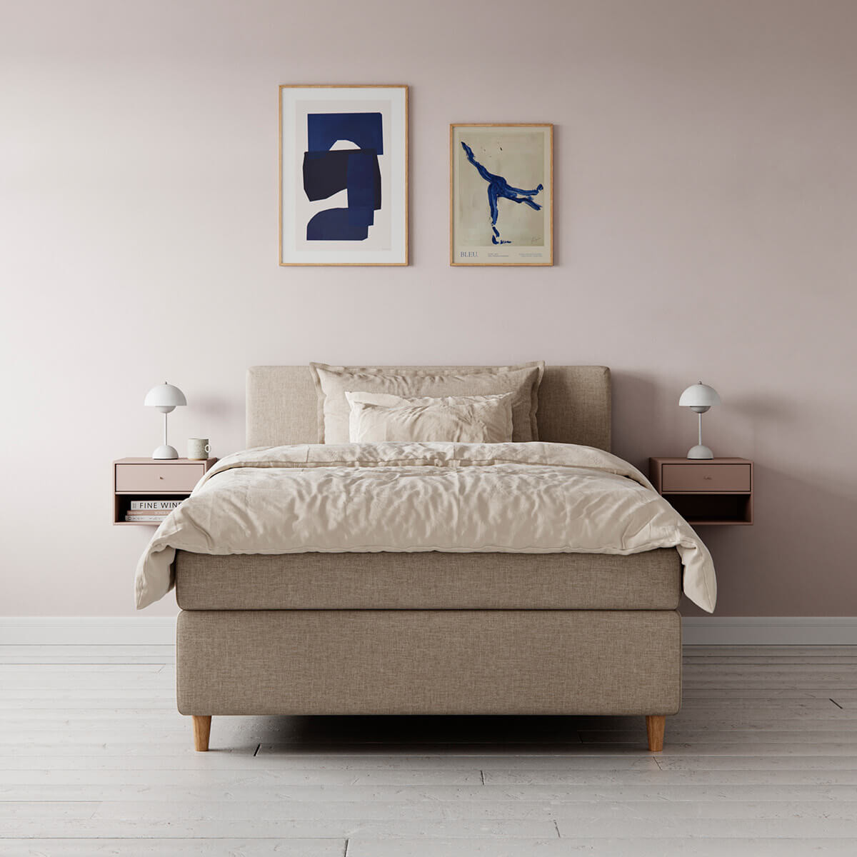 Venus Kontinental 140 cm seng i beige, vist i et elegant soveværelse med moderne indretning, blødt sengetøj og puder, der fremhæver sengens stil og komfort.
