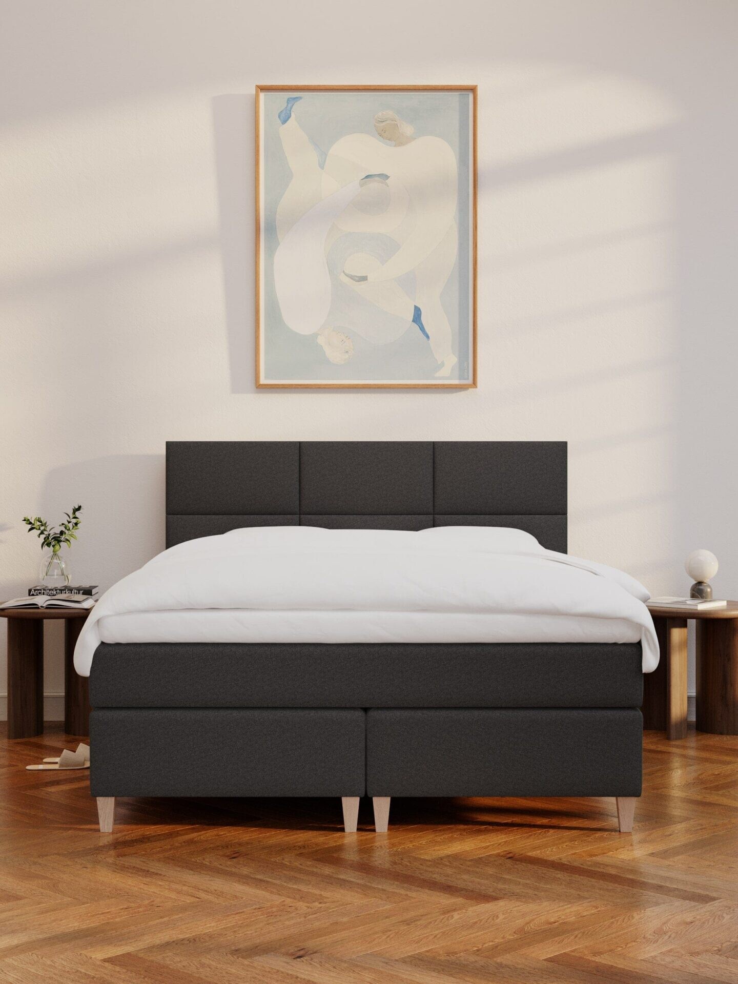 Nordic Dream Snefrid AL 180x200 cm kontinentalseng i grå, vist i et moderne soveværelse med stilfuldt design og blødt sengetøj.