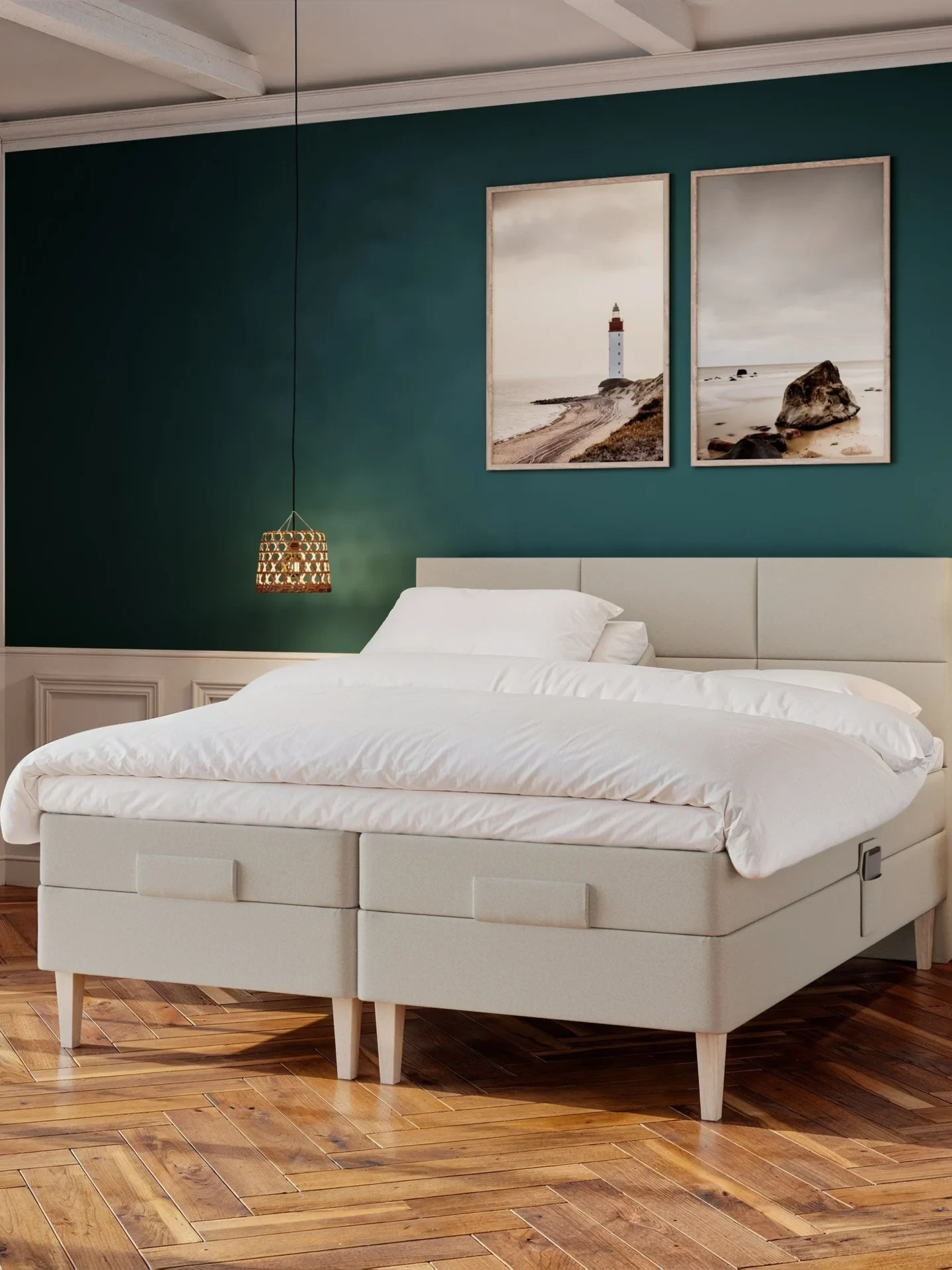 Nordic Dream Ragna Fjall elevationsseng i et moderne soveværelse, med elegant design og justerbar funktion, fremhævet med stilfuldt sengetøj.