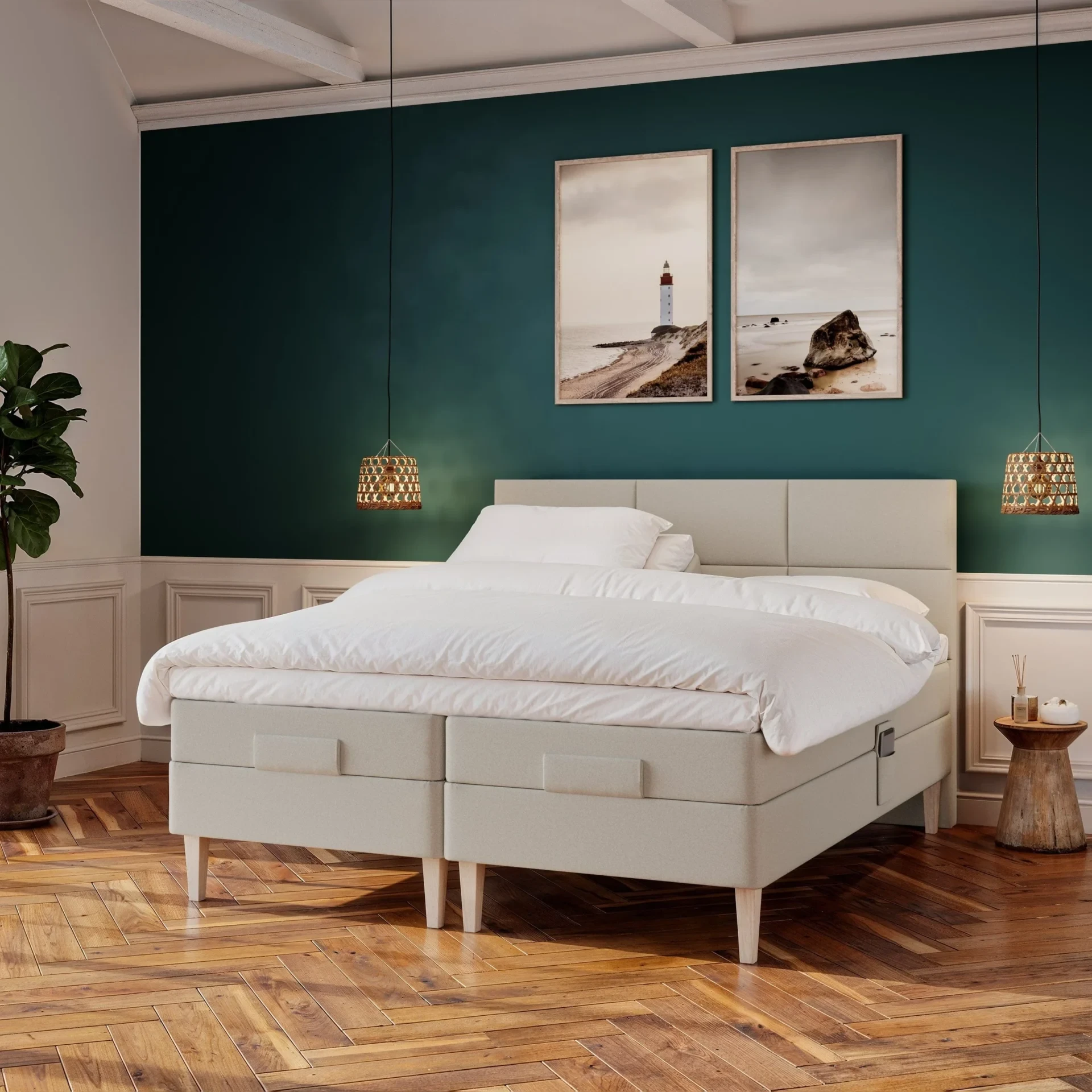 Nordic Dream Ragna Fjall elevationsseng i et moderne soveværelse, med elegant design og justerbar funktion, fremhævet med stilfuldt sengetøj.