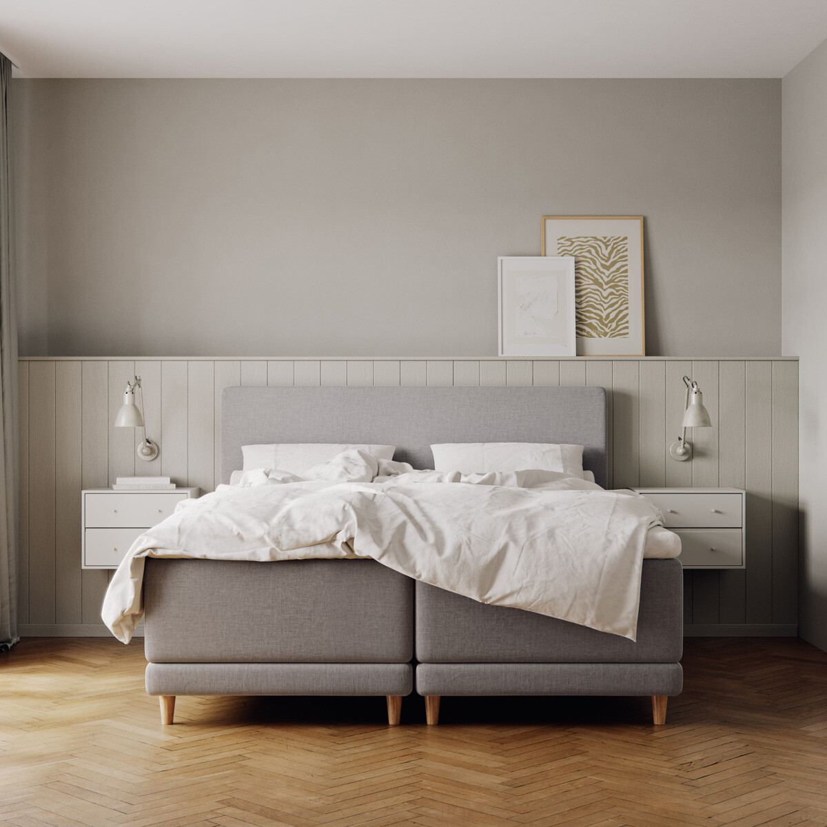 Bedre Nætter Nova elevationsseng i et moderne soveværelse, med stilfuldt design og justerbar funktion, komplet med blødt sengetøj og puder.