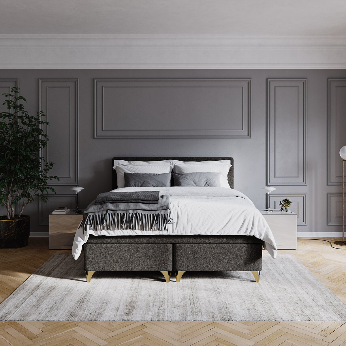 Bedre Nætter Ovía seng i et moderne soveværelse, med elegant design og komfortable detaljer, komplet med blødt sengetøj og puder.