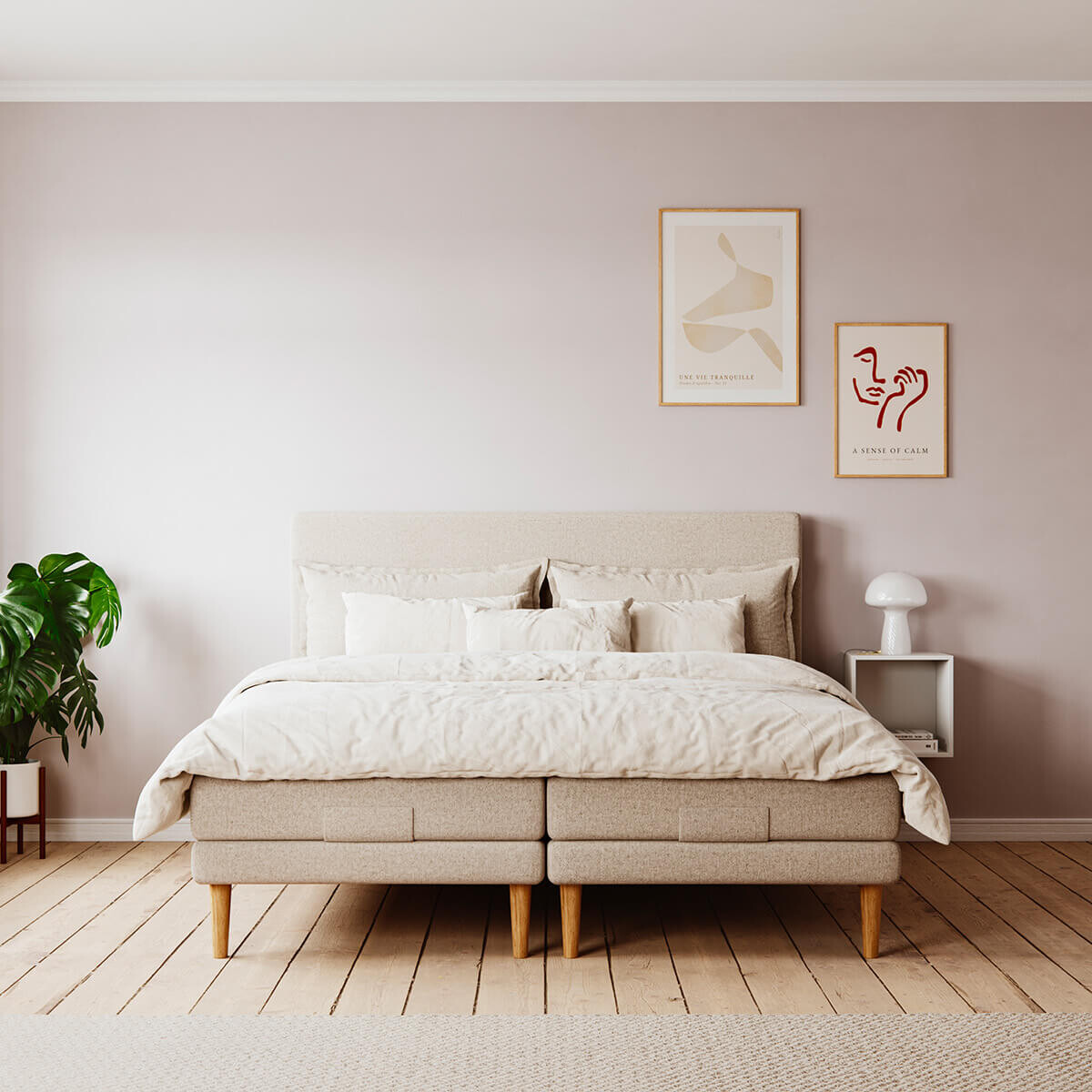 Bedre Nætter Senses elevationsseng i et moderne soveværelse, med stilfuldt design og justerbar funktion, fremhævet med blødt sengetøj og puder.