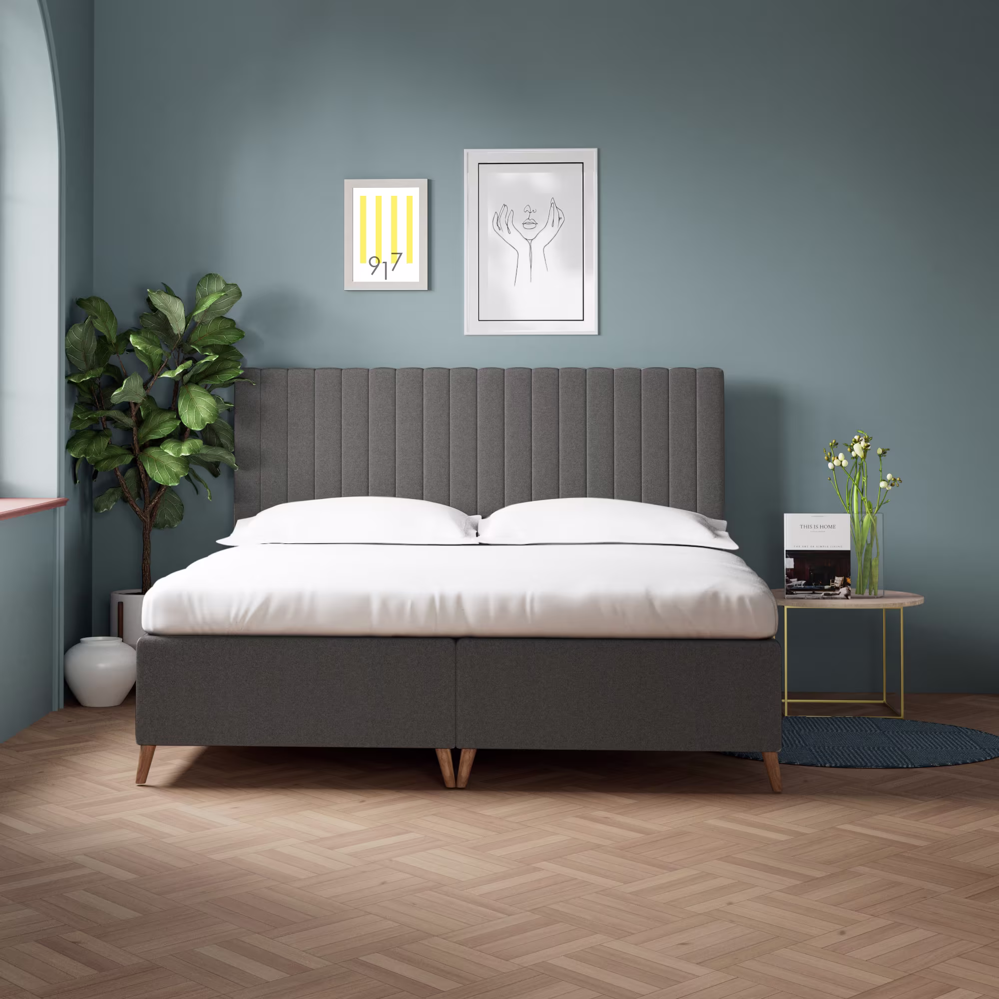 Casablanca Stella boxmadras fra Drømmeland i moderne soveværelseindretning. Sengen tilbyder luksuriøs komfort og støtte med elegant design i neutrale farver.